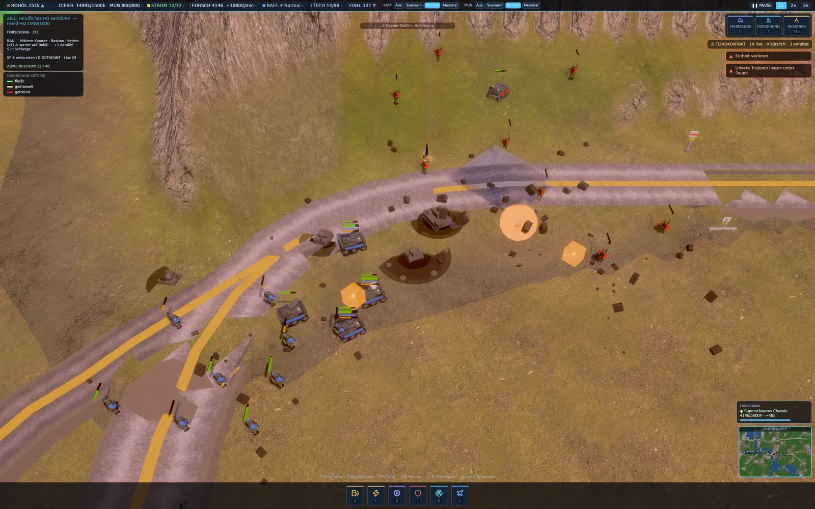 A blue armoured column pushing up a road past two burnt-out wrecks in craters, red infantry ahead.