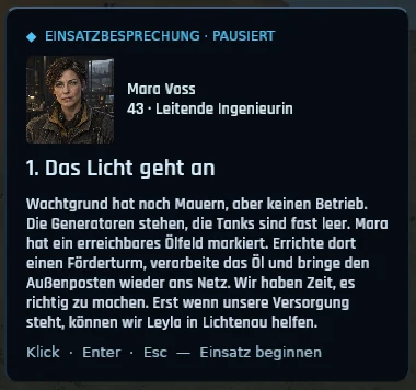 Die Einsatzbesprechung im Spiel: Mara Voss, 43, Leitende Ingenieurin, dazu der Missionstitel „1. Das Licht geht an“ und der Auftragstext.