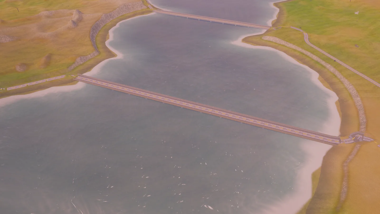 Zwei Straßenbrücken über einen Fluss zwischen Hügeln in der prozeduralen FERROCADE-Landschaft.