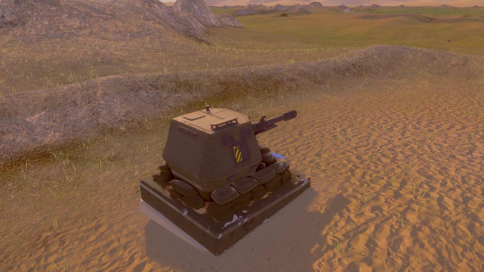 Nahaufnahme des Panzerabwehrturms mit Kanone, Sandsäcken und Betonfundament.