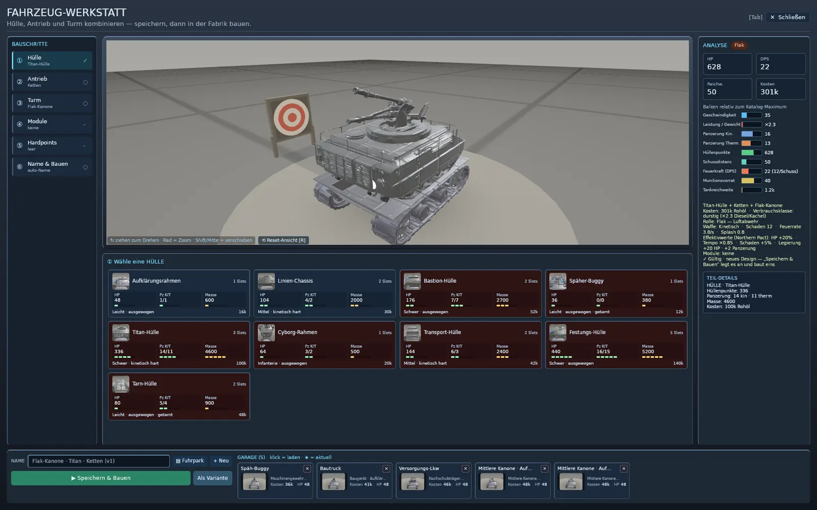 Der Fahrzeug-Designer im Spiel: links die sechs Schritte, in der Mitte das Fahrzeug auf dem Drehteller, rechts die Analyse-Werte.