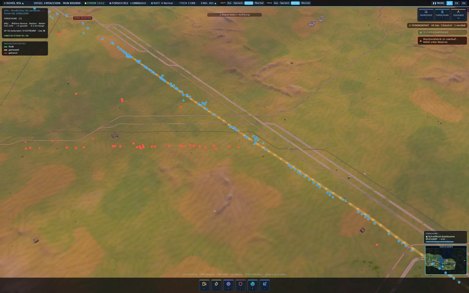 The front by day: a blue column moves along the golden supply artery while the red enemy line stands across it.