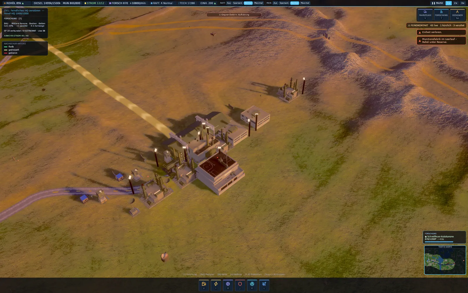 A home base at golden hour with headquarters, refineries and research labs, long shadows across the plain.